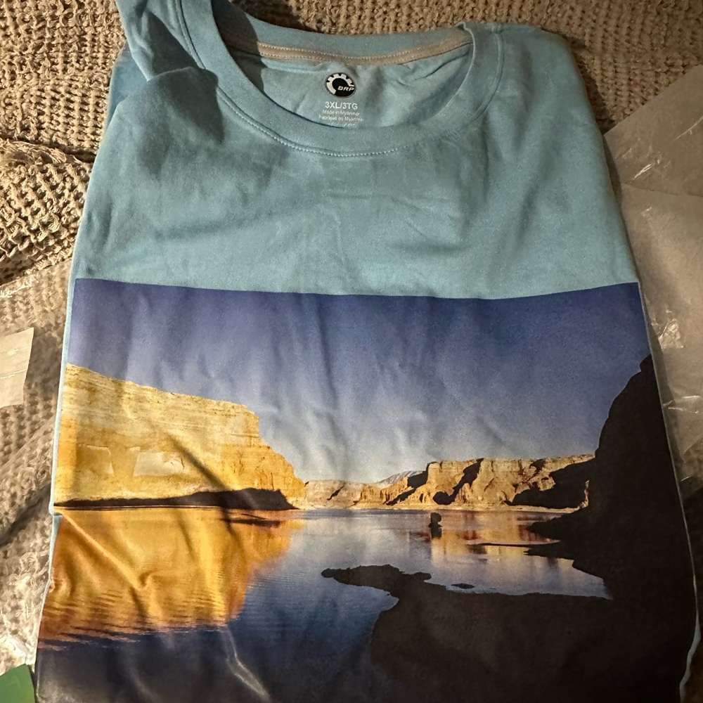 Gildan Blue and Yellow Short Sleeve Tee with Scenic Design
